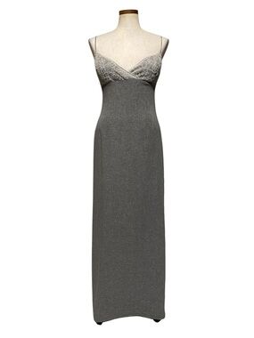 She by Sheri Bodell Grey Long Dress Lace Overlay M 90s Y2K Whimsigoth Minimalist